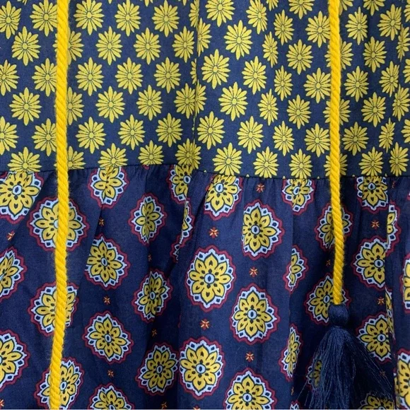 Earthbound Trading Co. Mixed Print Boho Tiered Cotton Navy Peasant Tunic, size M - Picture 6 of 12